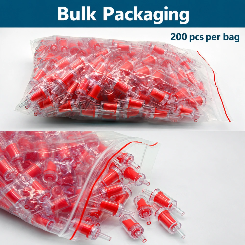 Aquarium airline check valves with red duckbill inserts in clear resealable bags, labeled 200 pieces per bag.