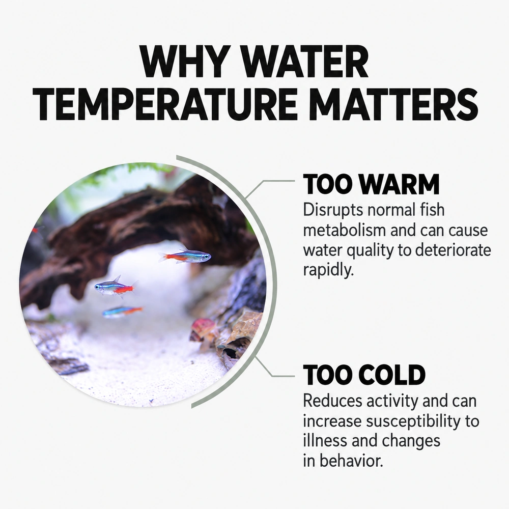 Aquarium water that is too warm disrupts fish metabolism and water quality; water that is too cold reduces activity and can increase susceptibility to illness.
