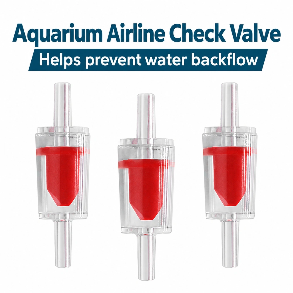 Three PJ-0022 aquarium airline check valves with clear housings and red silicone duckbill inserts to help prevent water backflow.