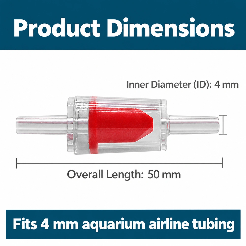 PJ-0022 aquarium airline check valve dimension diagram showing a 50 mm overall length and compatibility with 4 mm aquarium airline tubing.