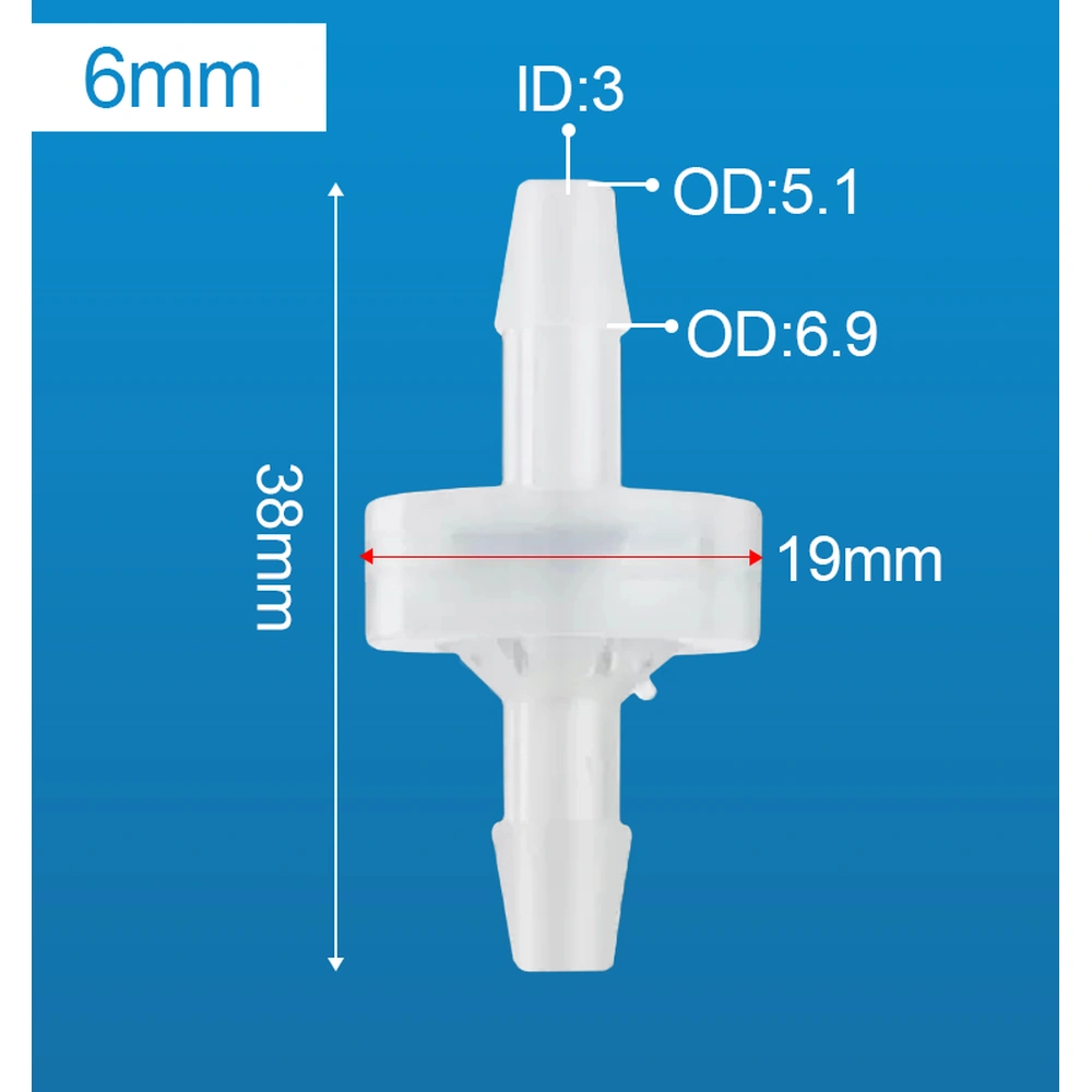 Dimension diagram of the inline check valve labeled 6 mm, showing a 38 mm overall length, 19 mm body width and connector measurements.
