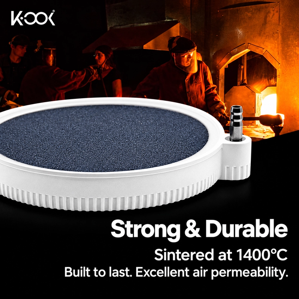 Beluga aquarium air diffuser disc with a furnace illustration highlighting stone sintering at 1,400°C.