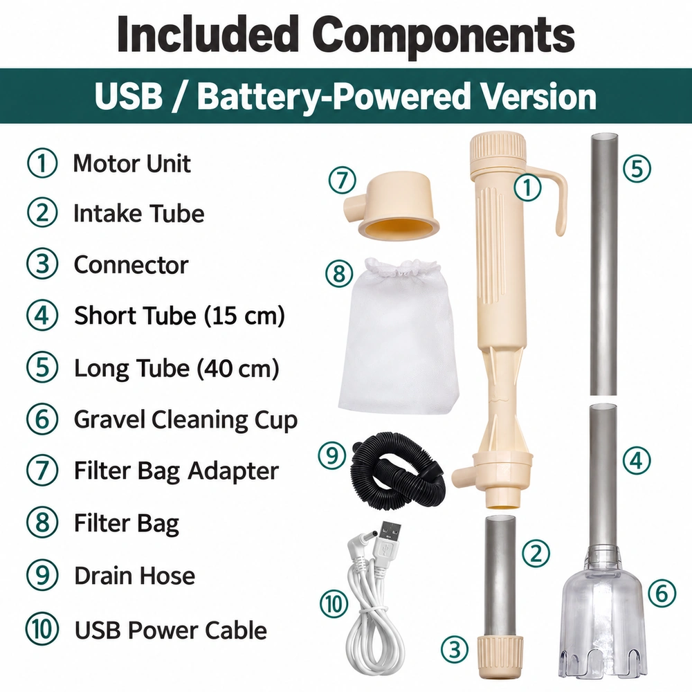 CSQ-U aquarium gravel cleaner component layout showing the motor unit, tubes, connector, cleaning cup, filter bag and adapter, drain hose and USB power cable.