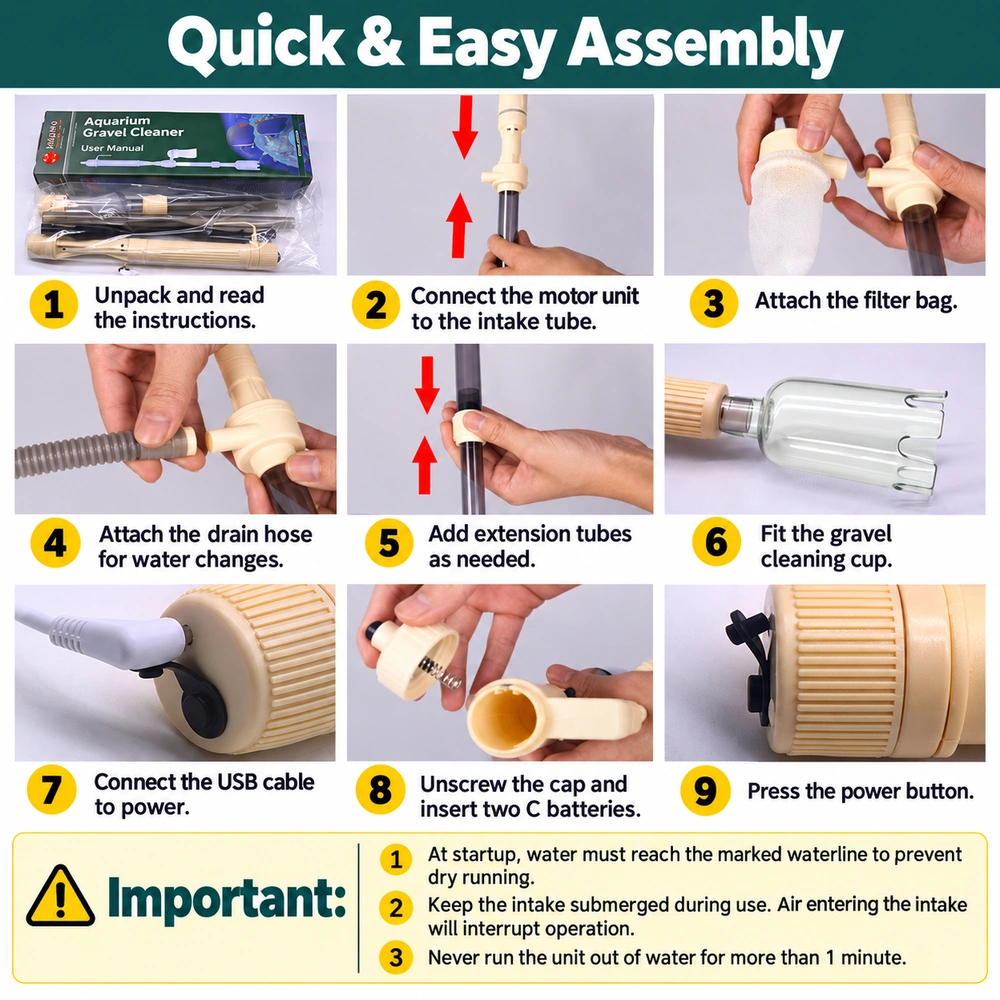 CSQ-U aquarium gravel cleaner assembly guide showing tube and outlet attachments, USB or battery power, and startup water-level and dry-running precautions.