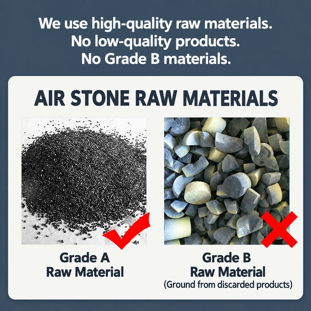 Aquarium air stone raw-material comparison showing granules labelled Grade A and discarded stone pieces labelled Grade B.