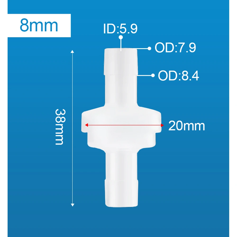 Dimension diagram of the inline check valve labeled 8 mm, showing a 38 mm overall length, 20 mm body width and connector measurements.