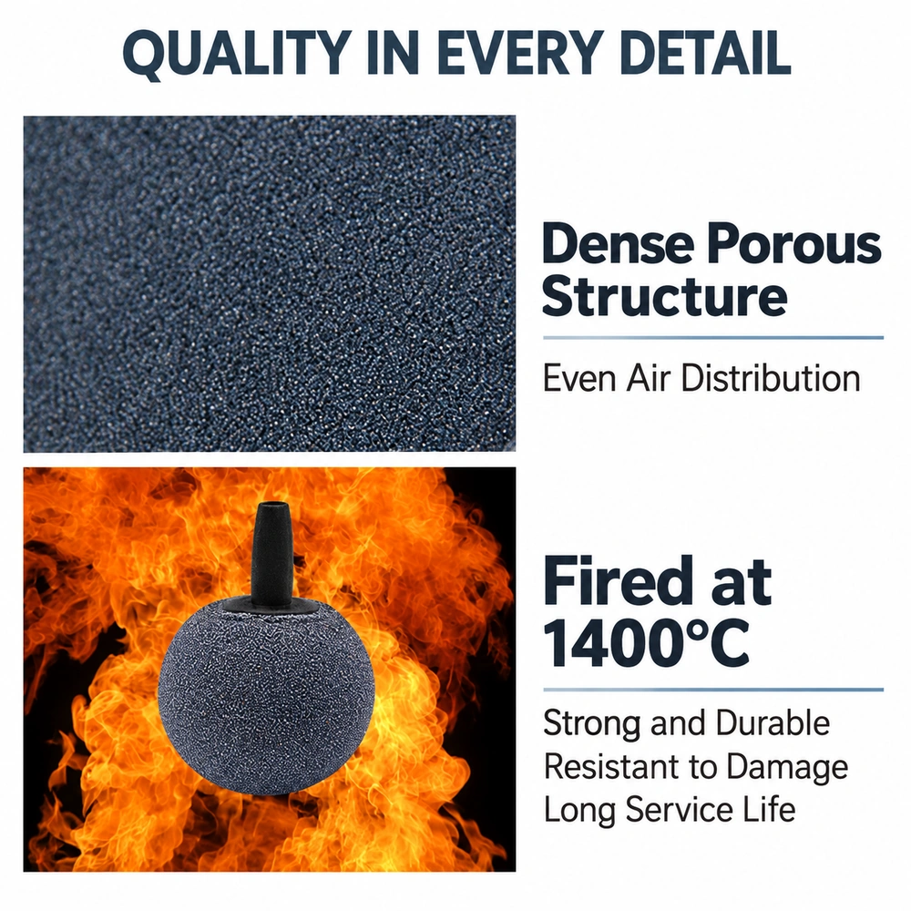 Spherical aquarium air stone feature panel showing the porous surface and a 1,400°C firing illustration.
