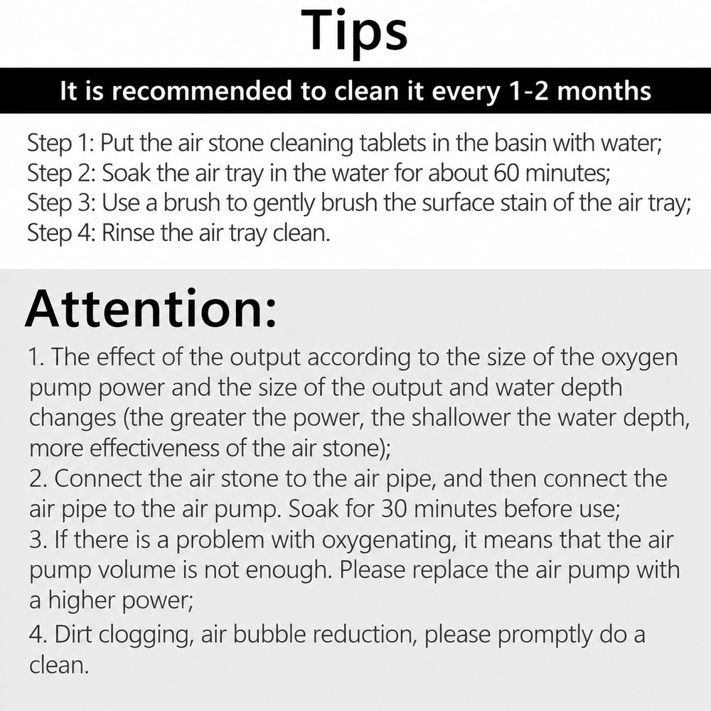 Beluga aquarium air diffuser disc care guide: soak for 30 minutes before first use; clean every 1–2 months by soaking, gently brushing and rinsing.