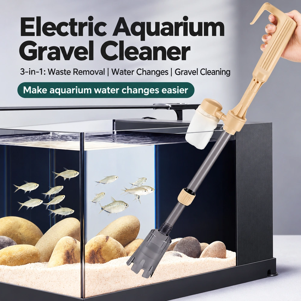 KOOI CSQ-U electric aquarium gravel cleaner shown with a filter bag and telescopic intake tube in an aquarium illustration.