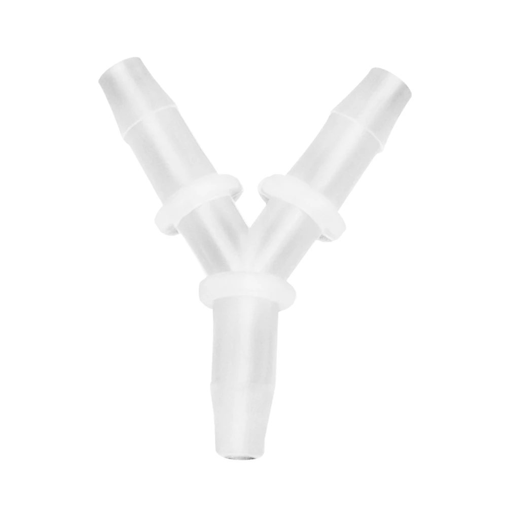 pj-0042 translucent PP aquarium airline Y connector for 4 mm I.D. tubing, with three tapered ends and raised retention rings.
