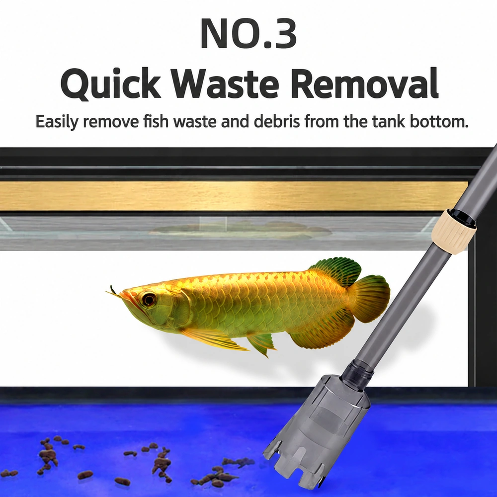 CSQ-U aquarium gravel cleaner illustration showing the intake head positioned to remove waste from the tank bottom.