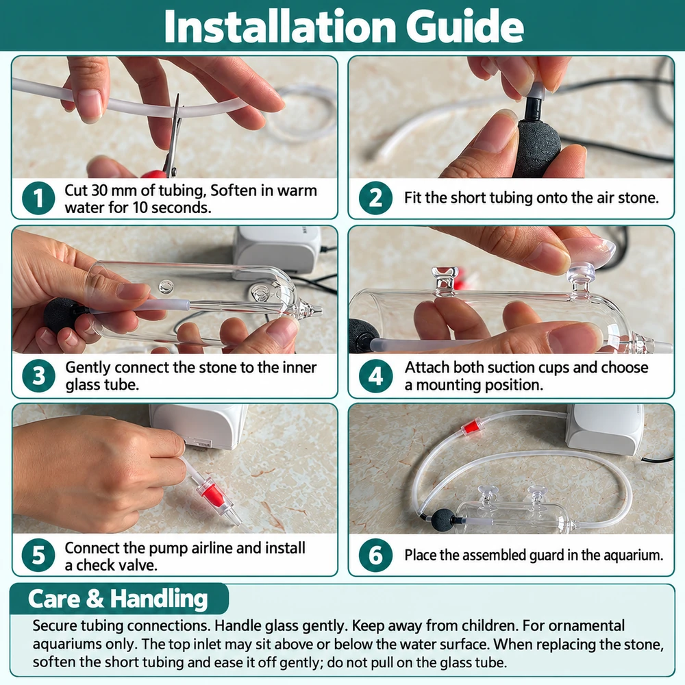 Glass aquarium air stone splash guard installation guide covering the short tubing connector, air stone, suction cups, pump airline and check valve.