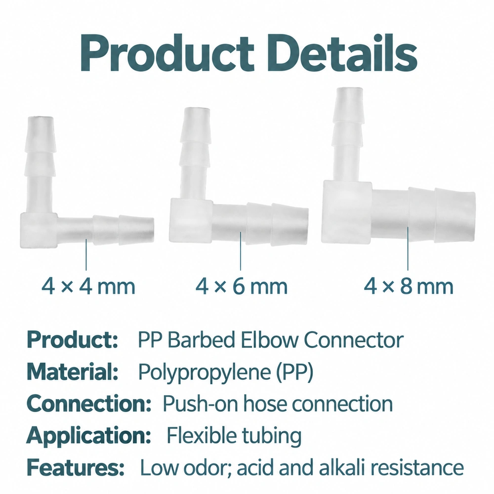 PP barbed elbow connector size comparison for 4 × 4 mm, 4 × 6 mm and 4 × 8 mm options, with material and connection details.