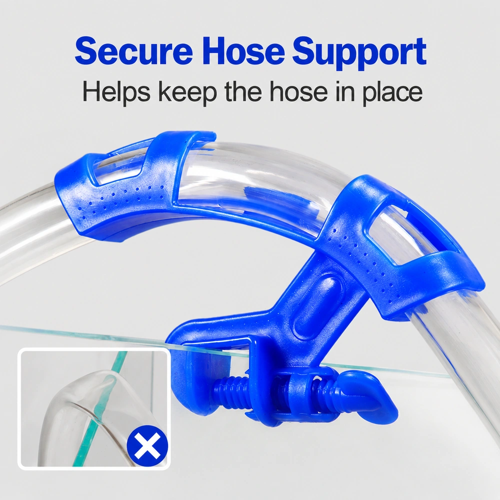 Aquarium tank rim hose holder securing a clear hose, with an inset comparison showing a hose resting directly on the glass rim.