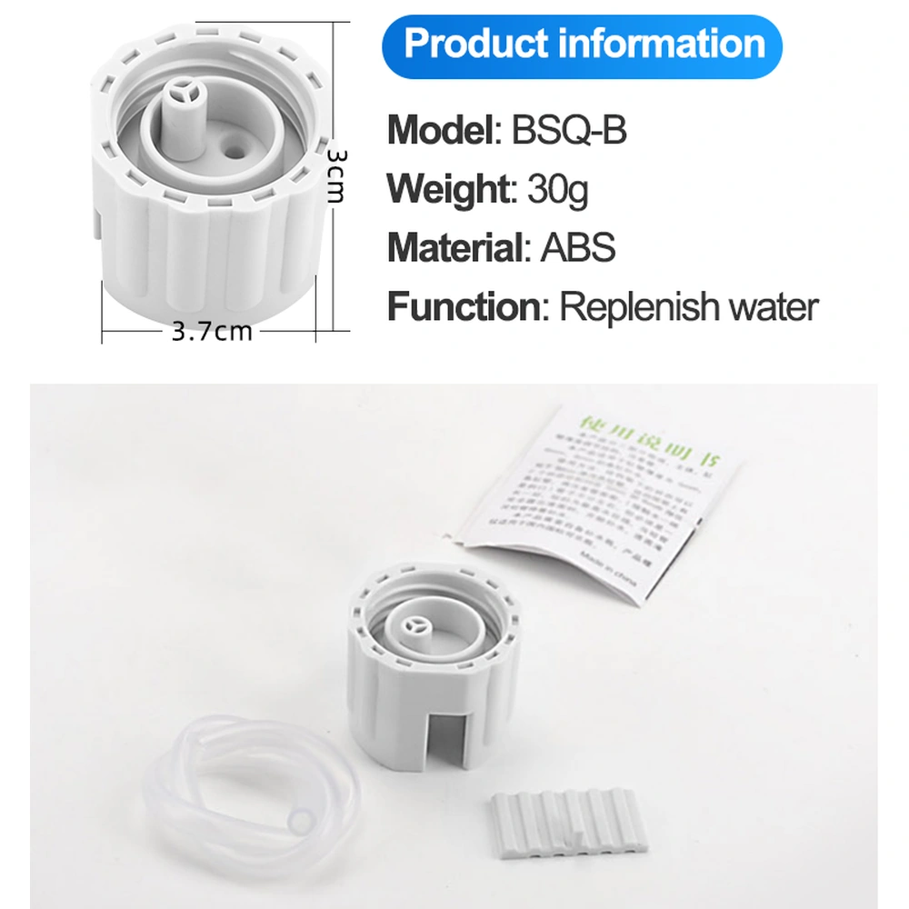 BSQ-B aquarium water replenisher specification and parts panel showing 3.7 cm width, 3 cm height, tubing, clip insert and instructions.