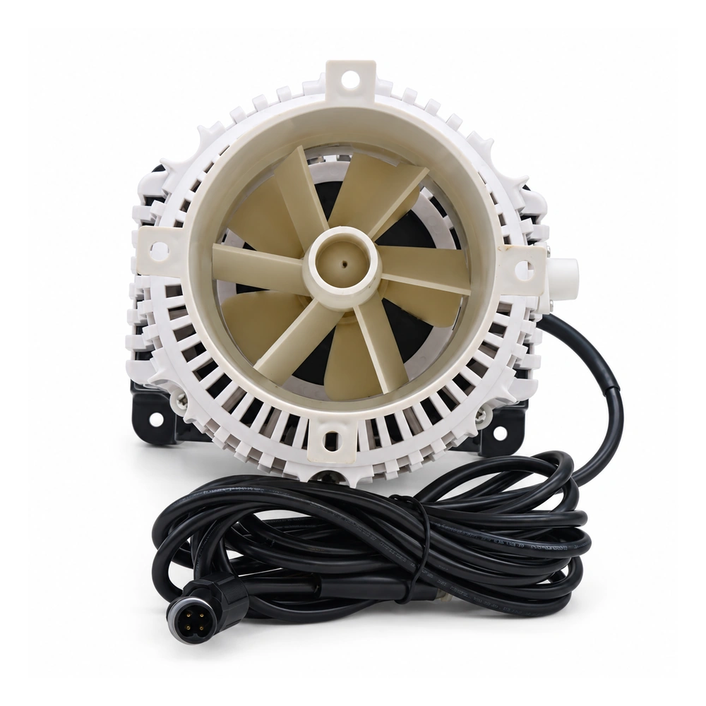 Big White axial-flow water pump viewed through the outlet, showing the impeller, coiled cable and connector.