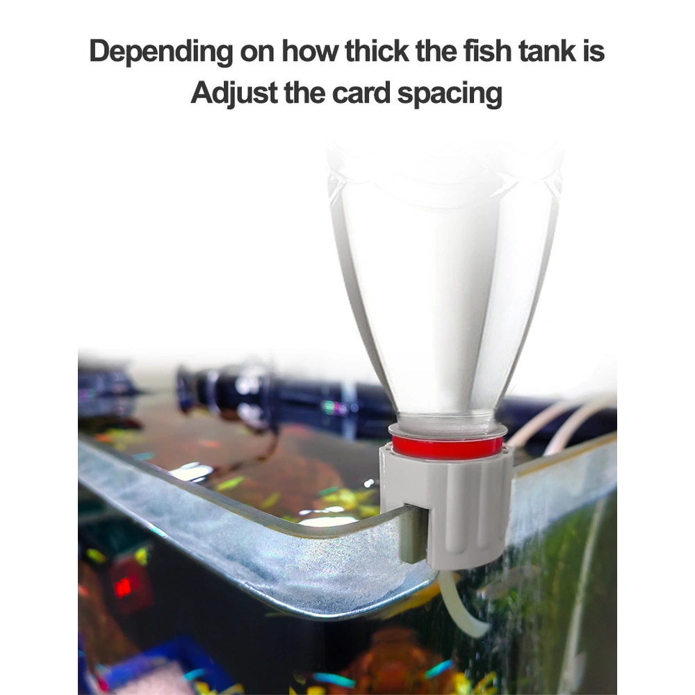 BSQ-B aquarium water replenisher clipped to a glass tank rim, illustrating clip adjustment for glass thickness.