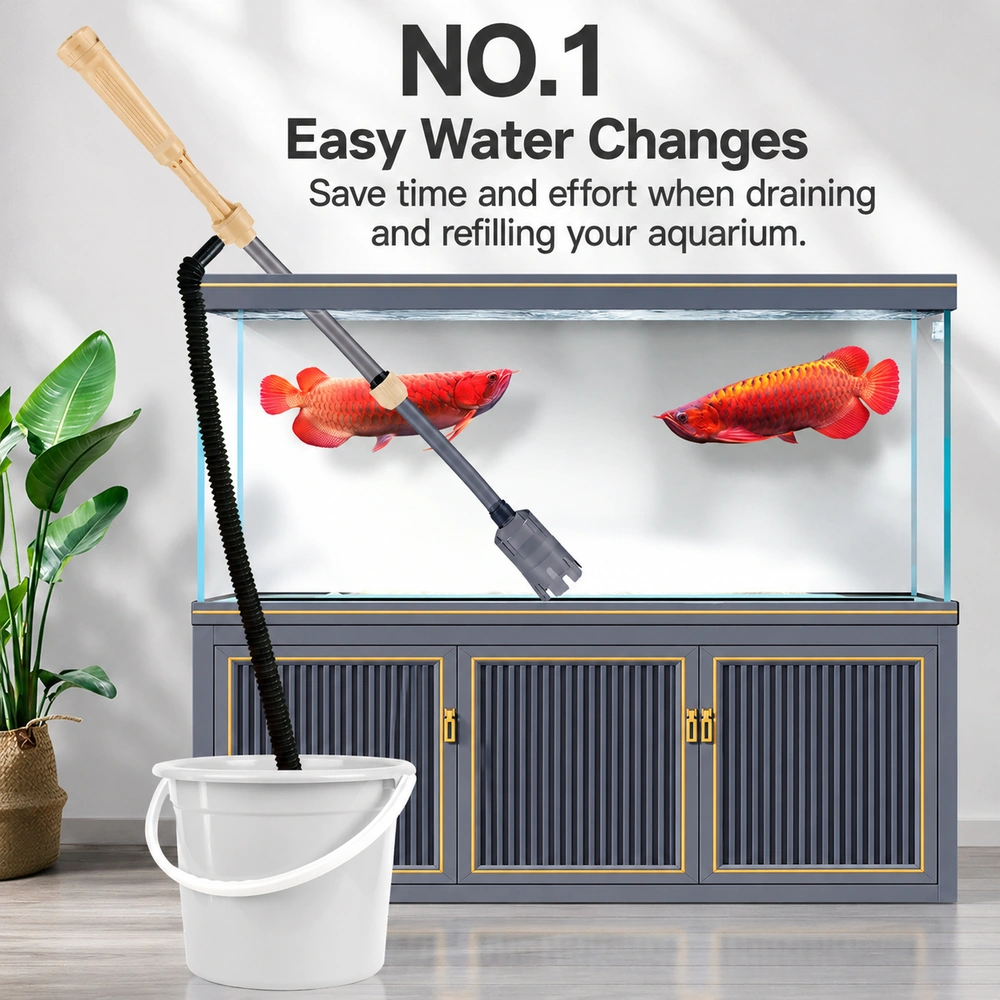 CSQ-U aquarium water changer illustration showing a drain hose running from the aquarium to a bucket.