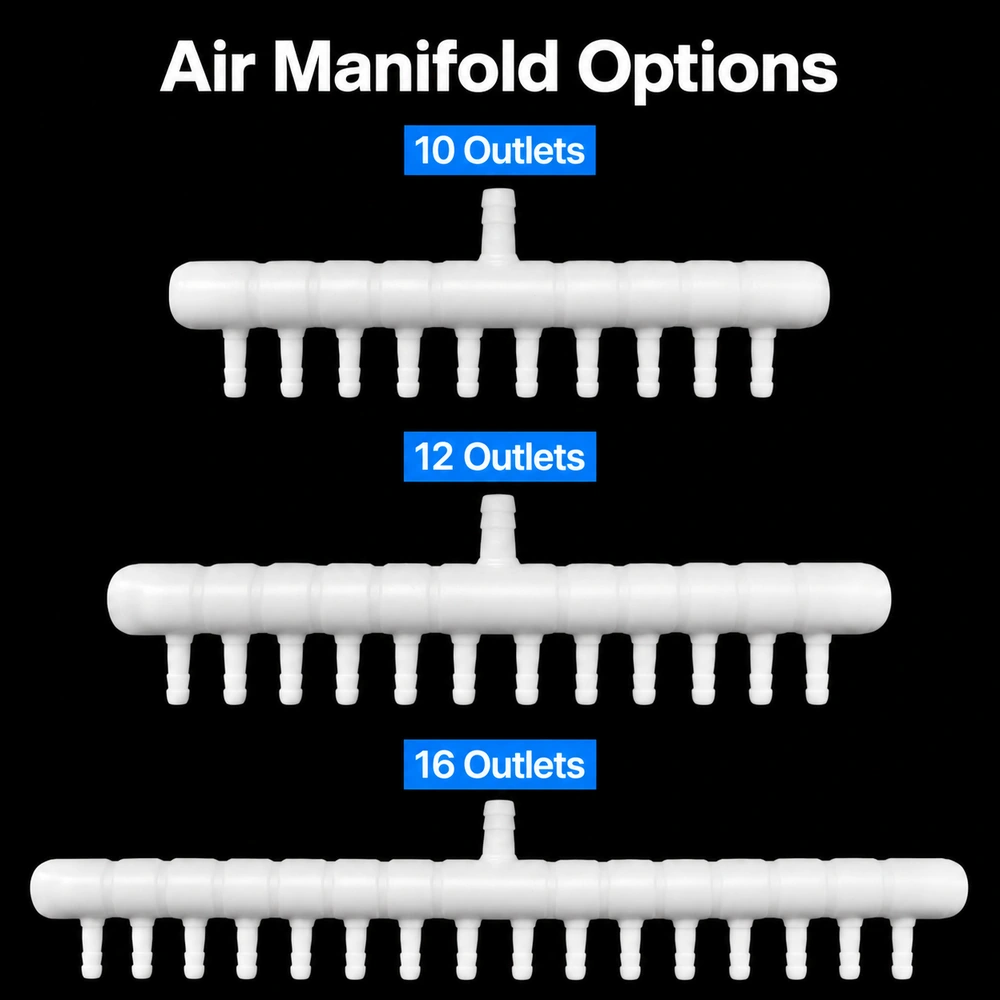 Aquarium air manifold comparison showing white 10-, 12- and 16-outlet versions, each with a single central inlet.