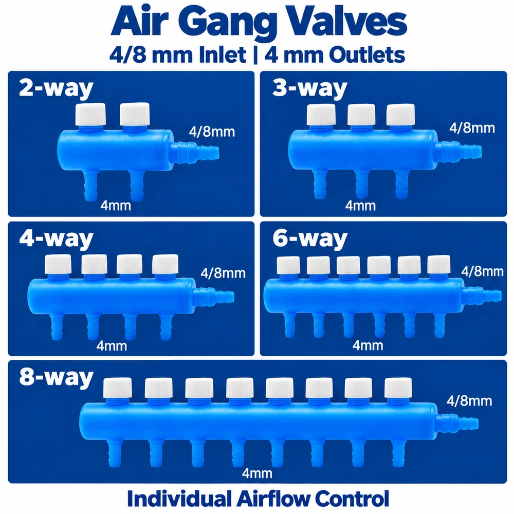 Aquarium air gang valve chart comparing 2-, 3-, 4-, 6- and 8-way versions labeled with 4/8 mm inlets and 4 mm outlets.