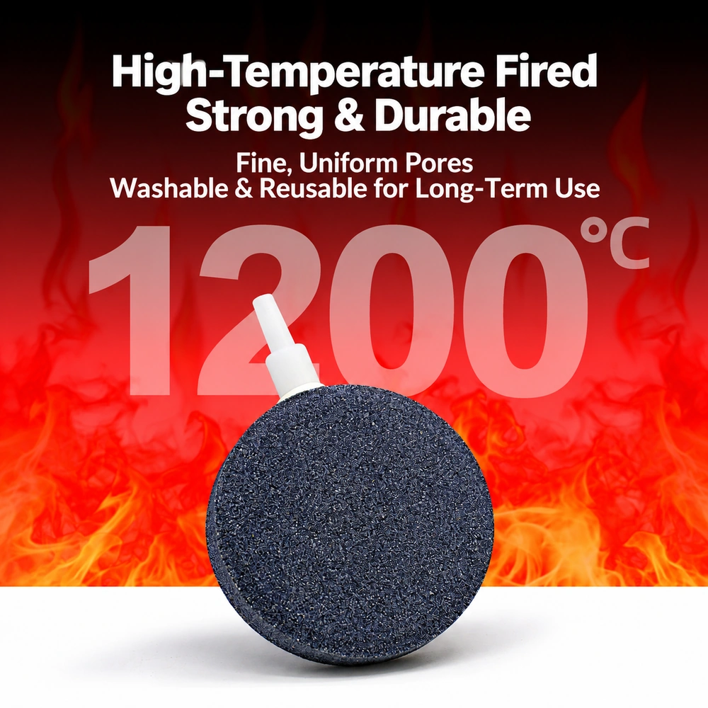 Aquarium air stone disc illustration highlighting 1200°C firing, fine uniform pores, and washable, reusable construction.