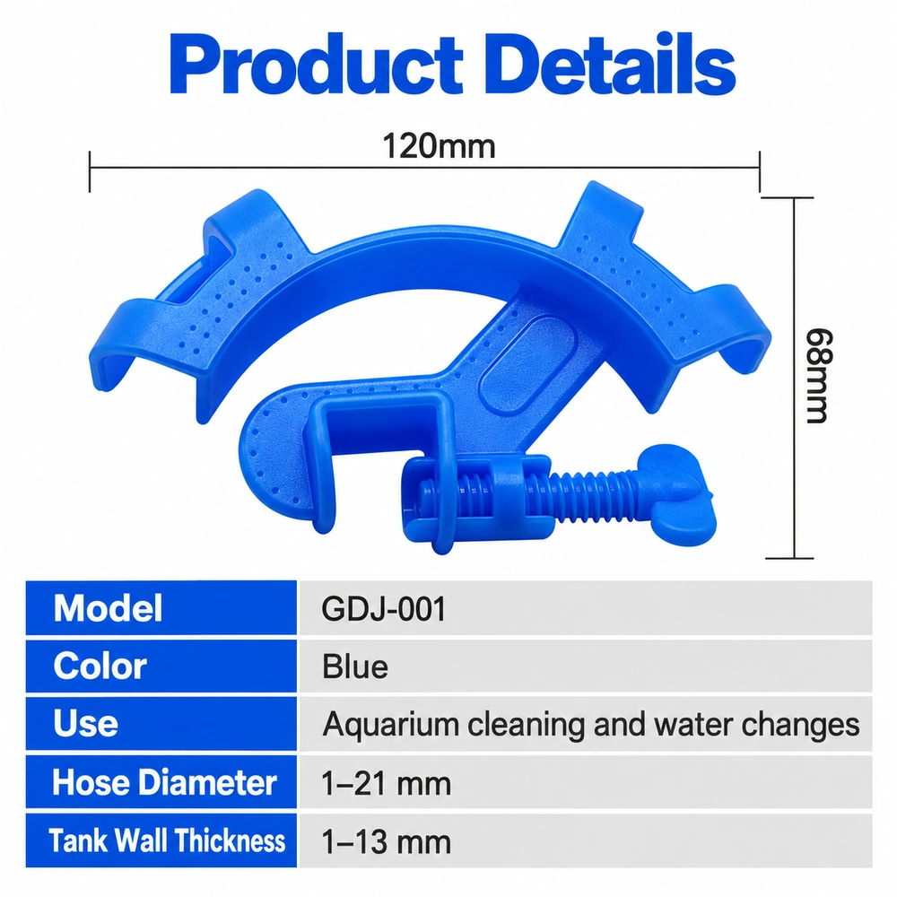 GDJ-001 aquarium tank rim hose holder dimension diagram showing a 120 × 68 mm size, with a table of product details and fitting ranges.