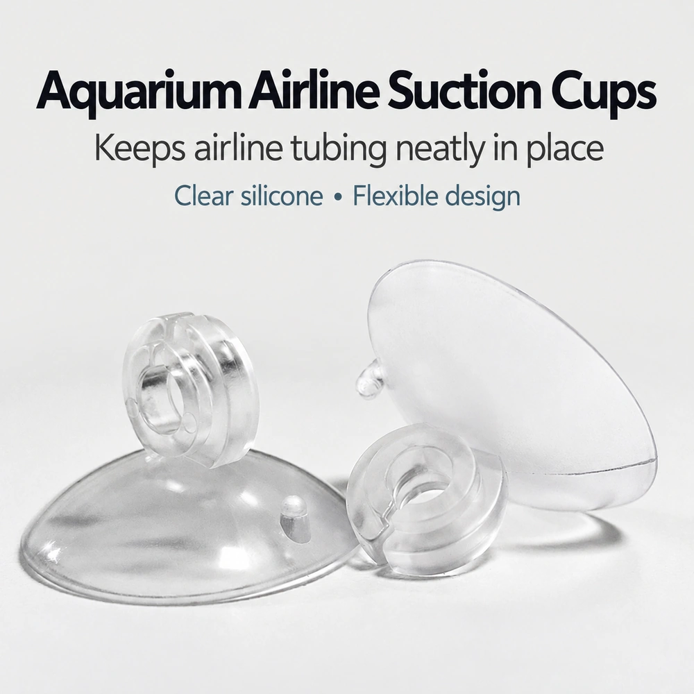 Clear aquarium airline suction cups with a flexible design to keep airline tubing neatly in place.