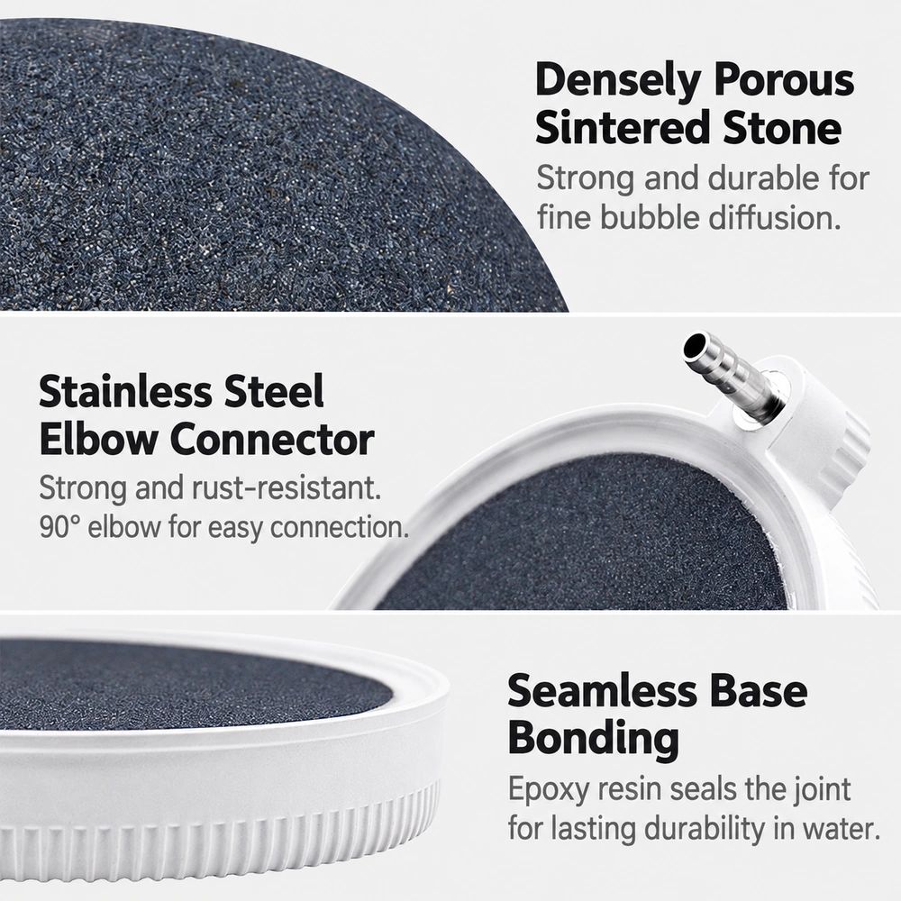 Beluga aquarium air diffuser disc details showing the porous sintered stone, airline connector and joint between the stone and white housing.