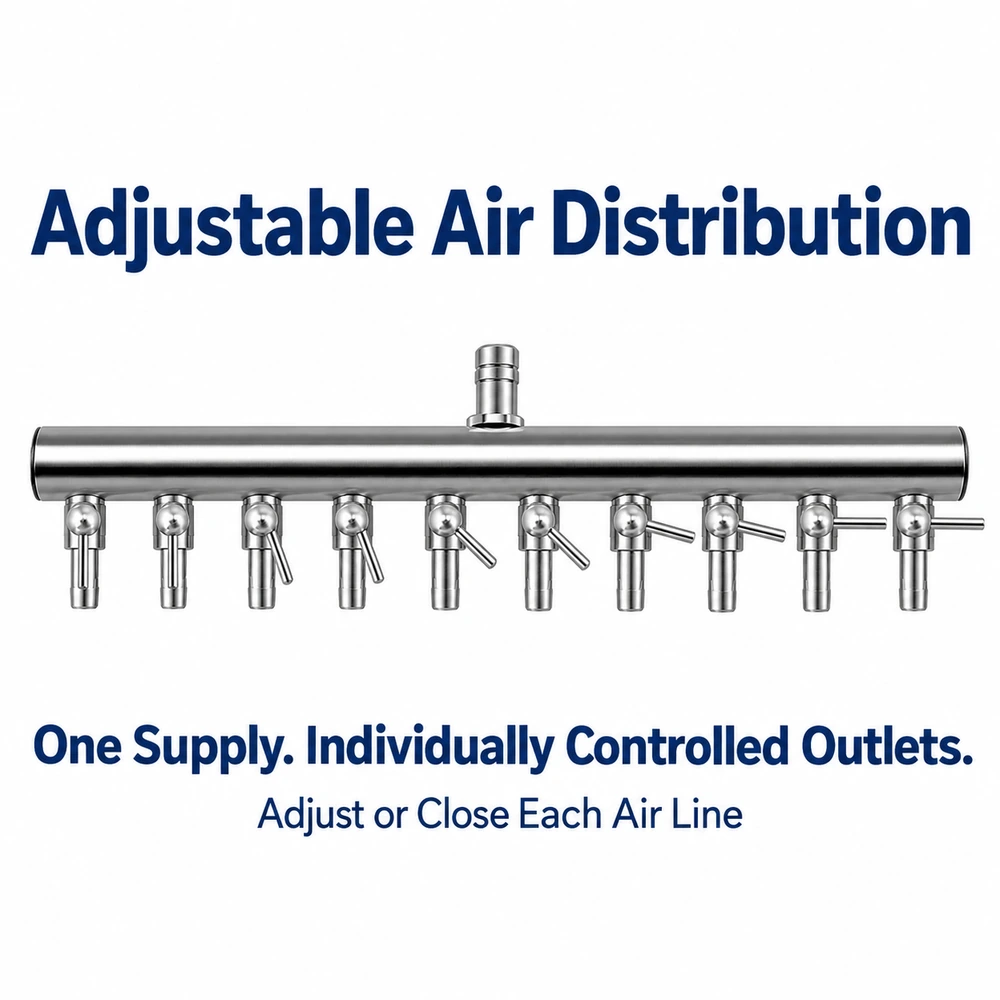 Ten-outlet metal aquarium air gang valve showing individual levers for adjusting or closing each air line from one supply.