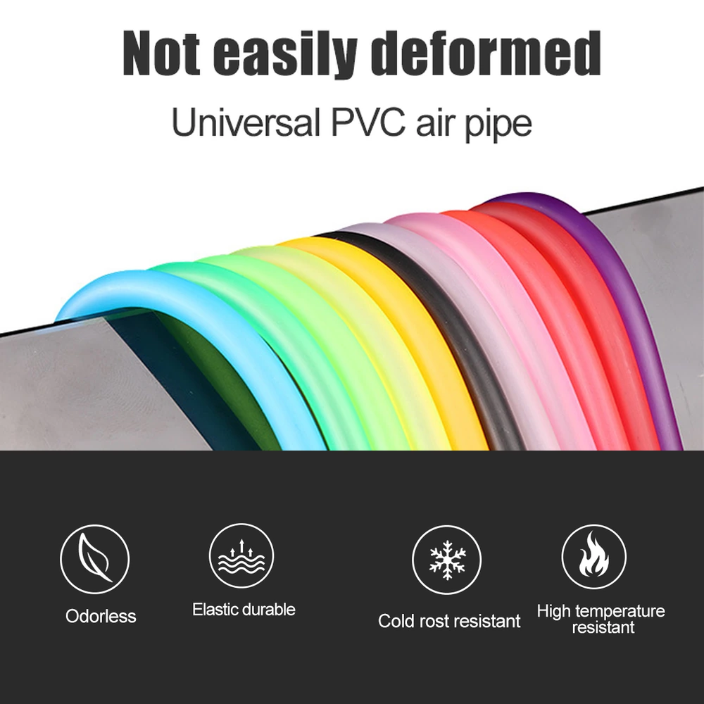 Multi-color PVC aquarium airline tubing bent over an edge, highlighting odorless, elastic, durable, cold- and heat-resistant properties.