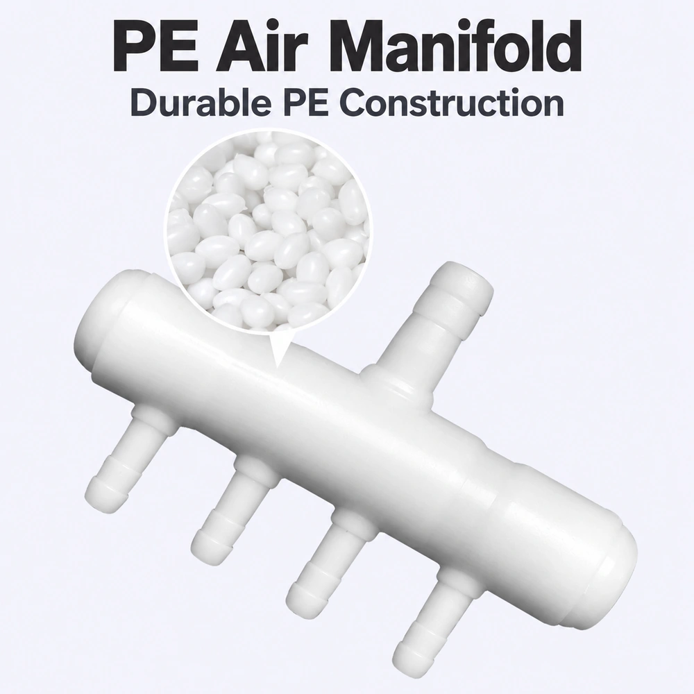 White four-outlet PE aquarium air manifold with a close-up inset of polyethylene pellets.