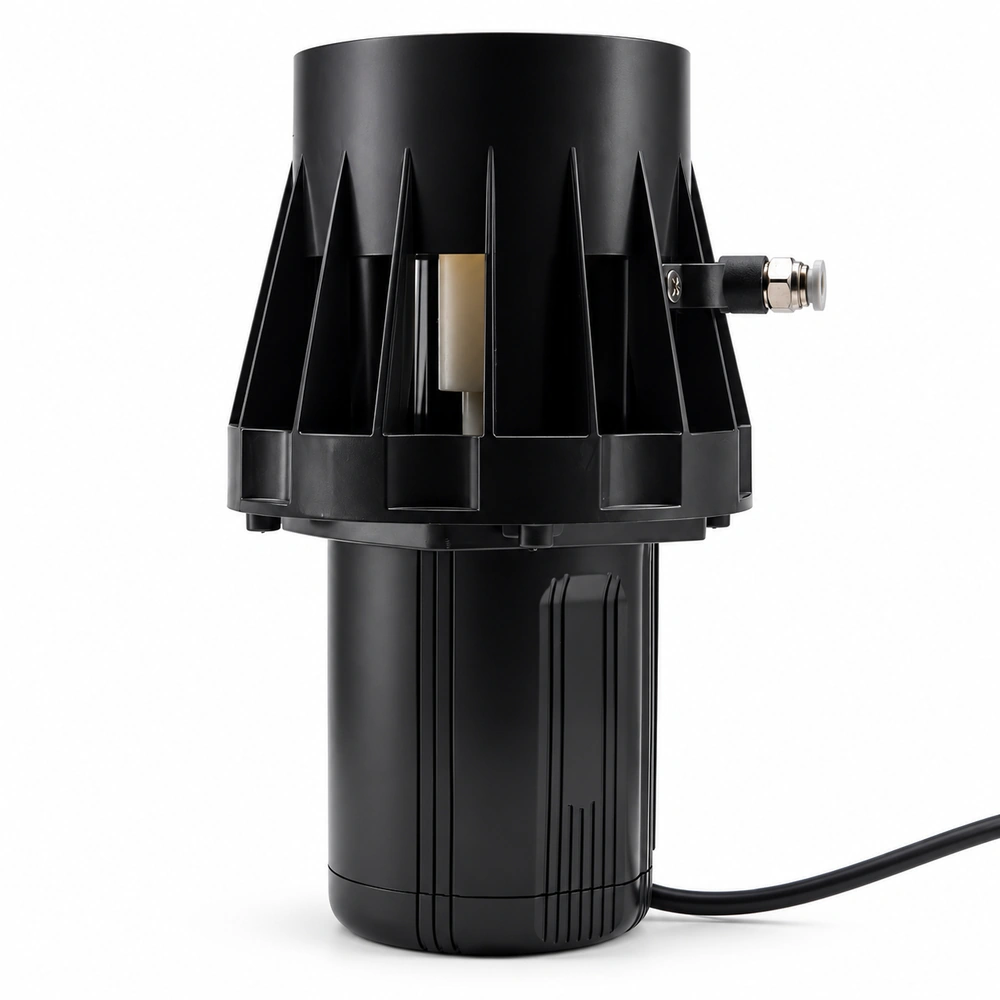 KOOI Slim Waist axial-flow water pump with a black ribbed housing, top pipe opening and power cable.