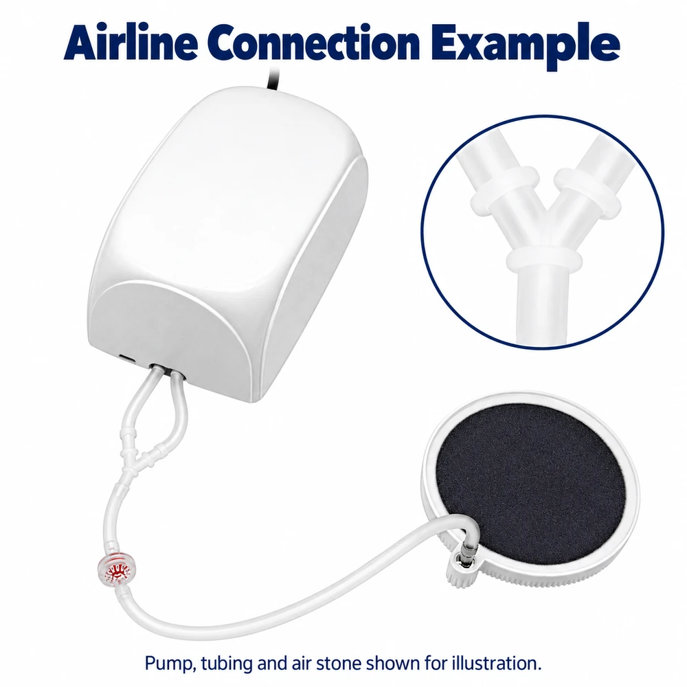 Aquarium airline Y connector illustration joining two air-pump outlets into one airline leading to an air stone, with an enlarged connection detail.