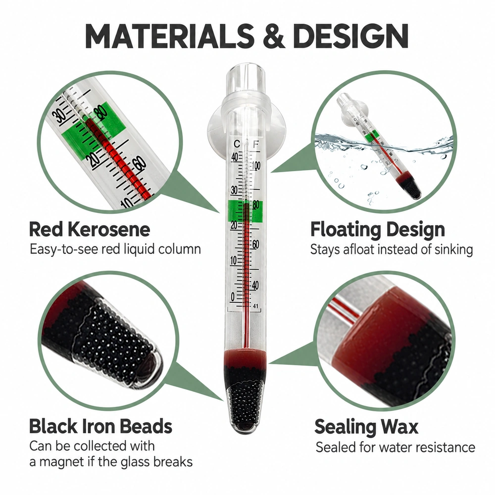 Floating glass aquarium thermometer with an easy-to-see red kerosene column, black iron beads and sealing wax for water resistance.