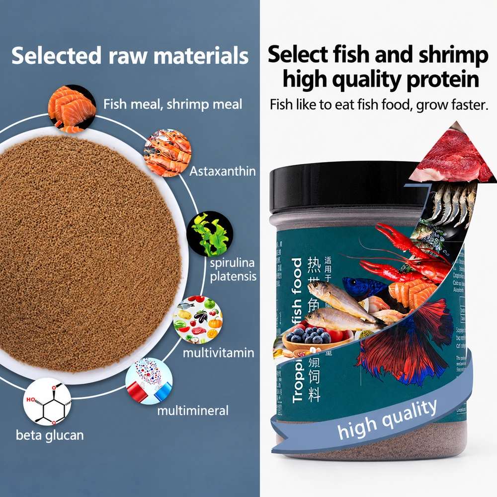 Tropical fish food ingredient illustration featuring fish meal, shrimp meal, astaxanthin, spirulina, vitamins, minerals and beta-glucan.