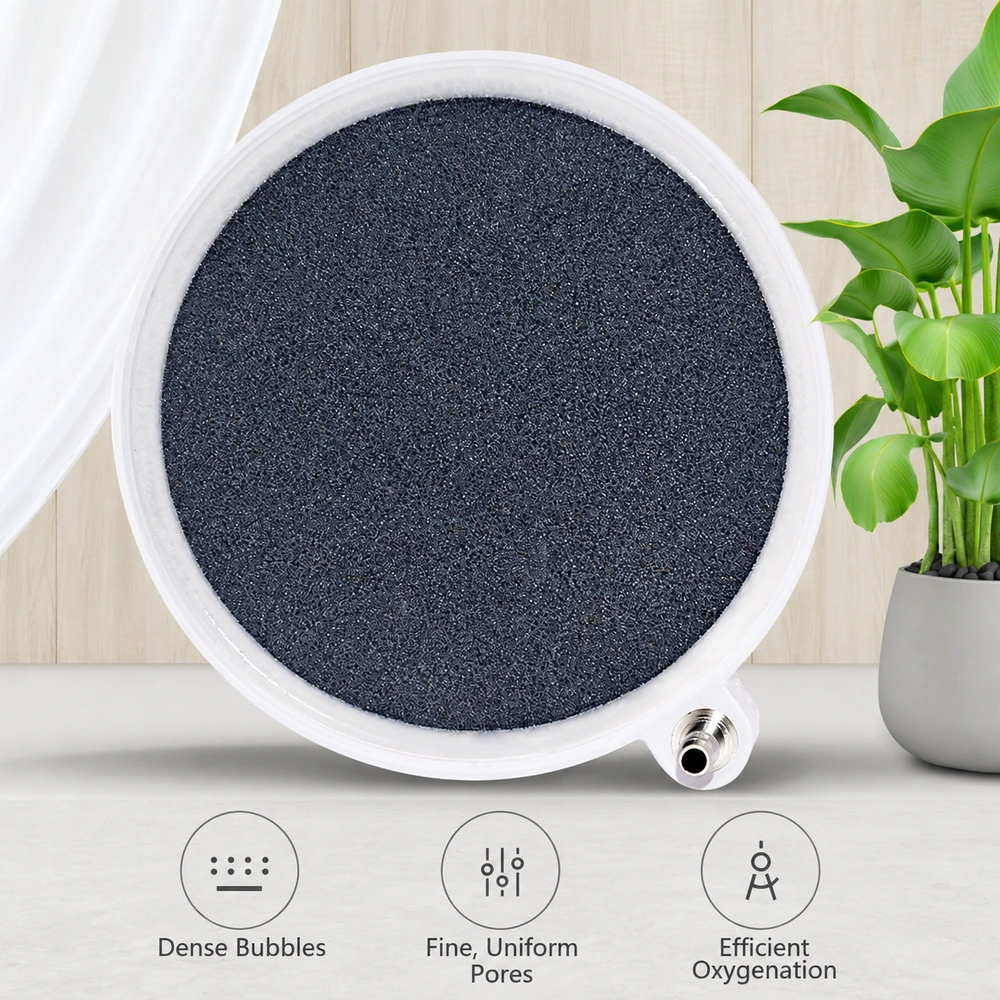 Beluga aquarium air diffuser disc showing its porous face and edge inlet, with labels for dense bubbles, fine uniform pores and efficient oxygenation.