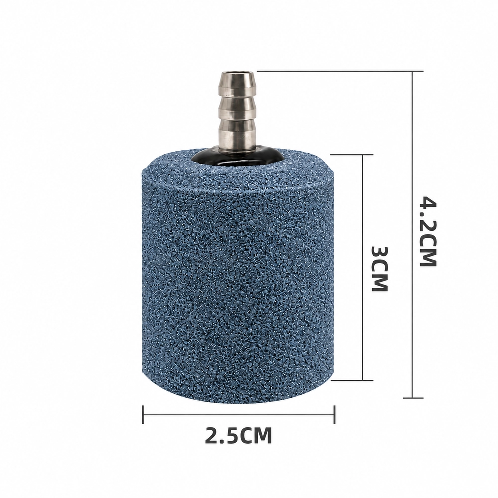 Cylindrical aquarium air stone dimensions: 25 mm diameter, 30 mm body height and 42 mm total height including the connector.