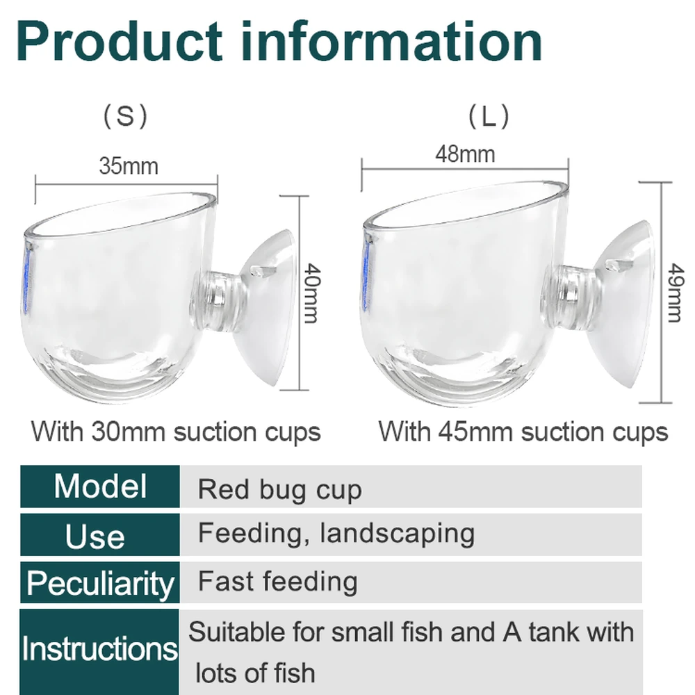 Aquarium bloodworm feeding cup size comparison: small, 35 mm wide by 40 mm high; large, 48 mm wide by 49 mm high.