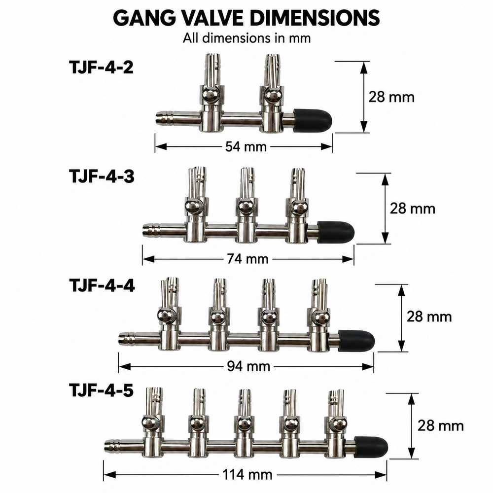Dimension chart for TJF-4-2 to TJF-4-5 metal aquarium gang valves, with overall lengths of 54–114 mm and a height of 28 mm.