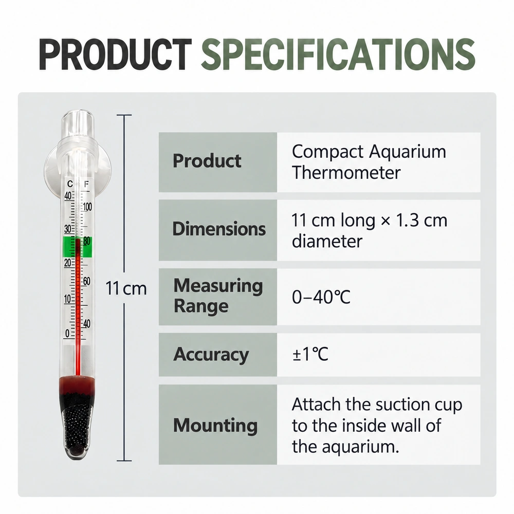 WDJ-01 aquarium thermometer: 11 cm long, 1.3 cm diameter, 0–40°C measuring range, ±1°C accuracy and suction cup mounting.