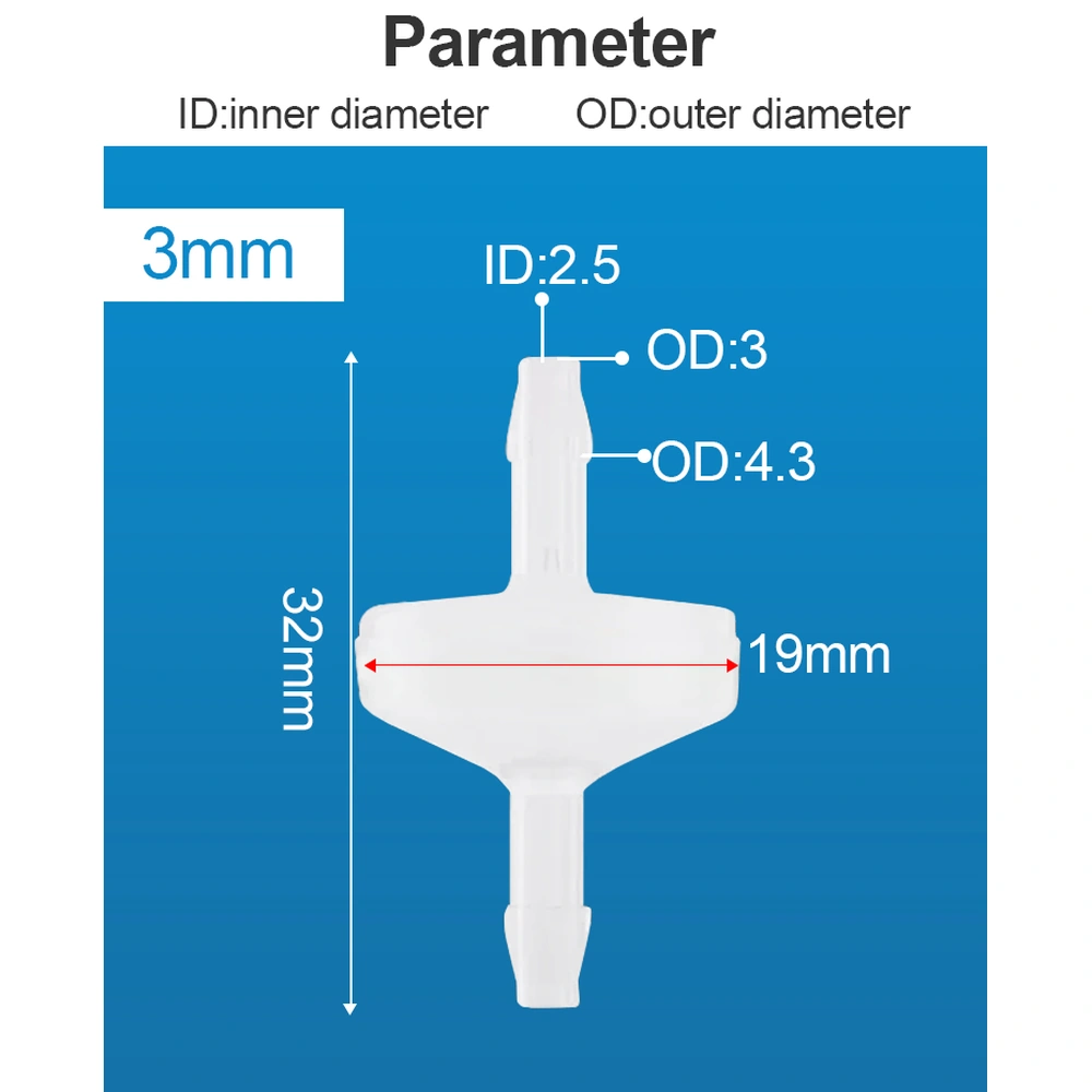 Dimension diagram of the inline check valve labeled 3 mm, showing a 32 mm overall length, 19 mm body width and connector measurements.