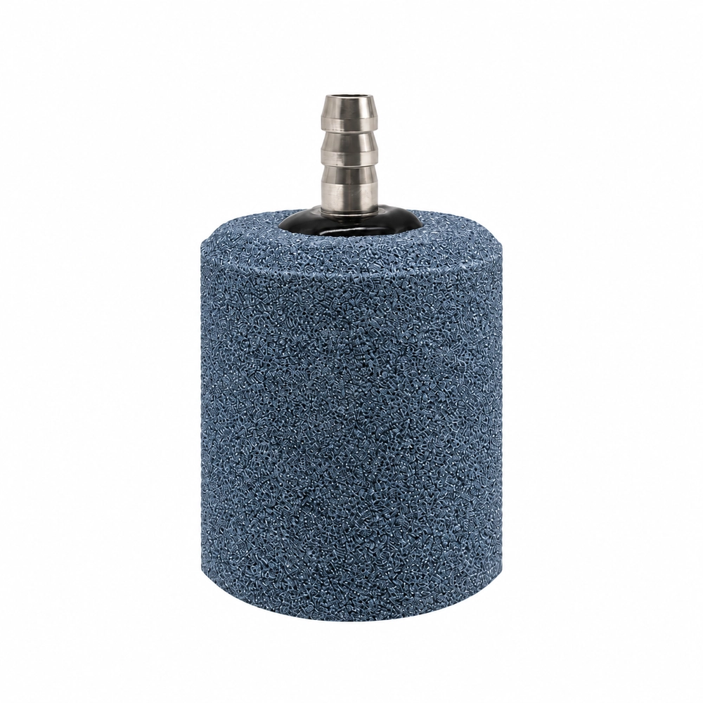 KOOI cylindrical aquarium air stone with a porous blue-grey body and metal barbed airline connector.