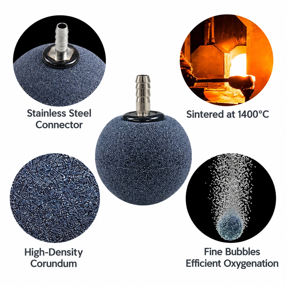 Spherical aquarium air stone feature graphic showing the stainless steel connector, porous surface, high-temperature sintering and bubble diffusion.