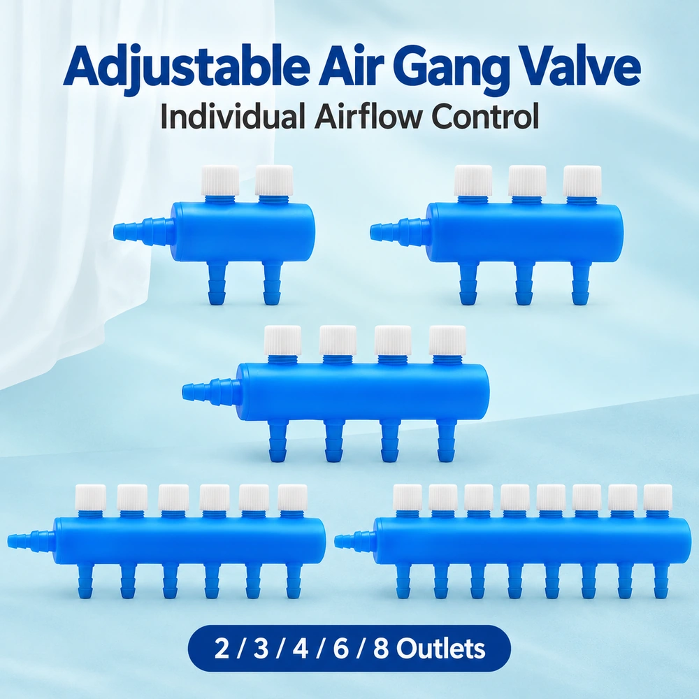 Adjustable PVC aquarium air gang valves in 2-, 3-, 4-, 6- and 8-way versions with individual airflow control knobs.
