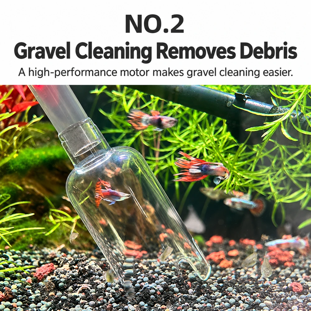 CSQ-U aquarium gravel cleaner with its transparent cleaning cup positioned over gravel in a planted fish tank.