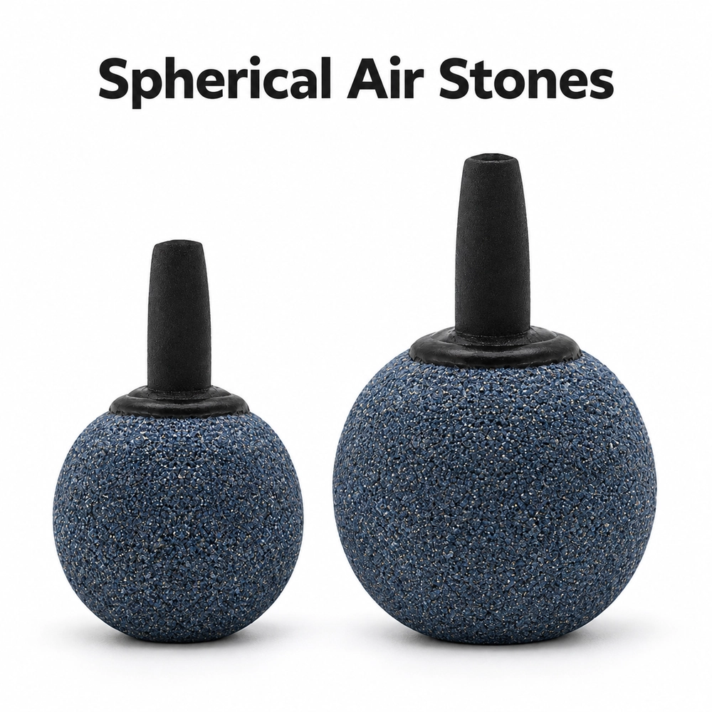 KOOI spherical aquarium air stones in 22 mm and 28 mm diameters with blue-grey porous bodies and black airline connectors.
