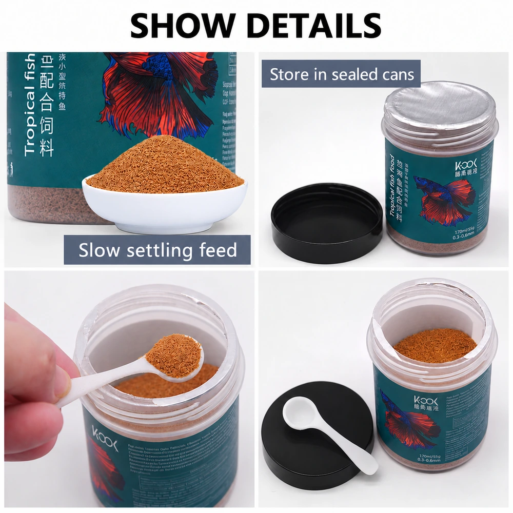 Slow-sinking tropical fish food granules, inner foil seal, screw-top jar and feeding spoon for portioning.