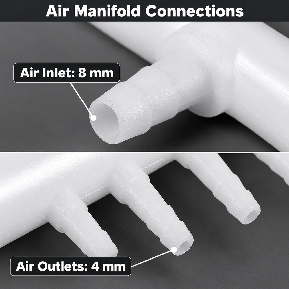 Aquarium air manifold connection close-ups labeling the 8 mm air inlet and 4 mm air outlets.