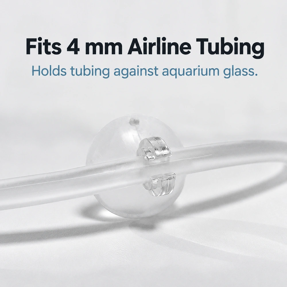 Clear PVC aquarium airline suction cup with an open clip for holding 4 mm tubing against aquarium glass.