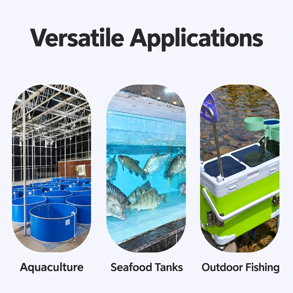 Application collage for aquarium air stone discs showing aquaculture tanks, seafood holding tanks, and an outdoor fishing container.